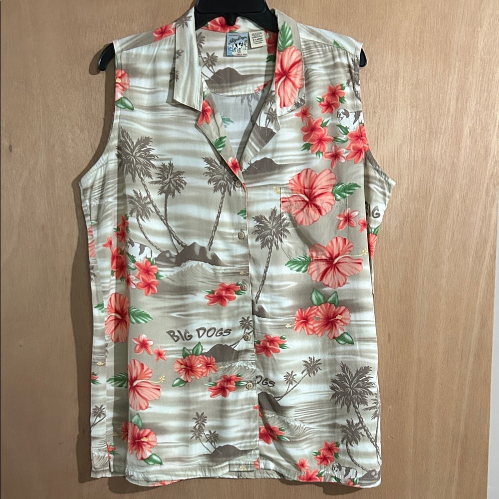 Big Dogs Women's Tropical Floral Button Down Shirt - Cream and Red